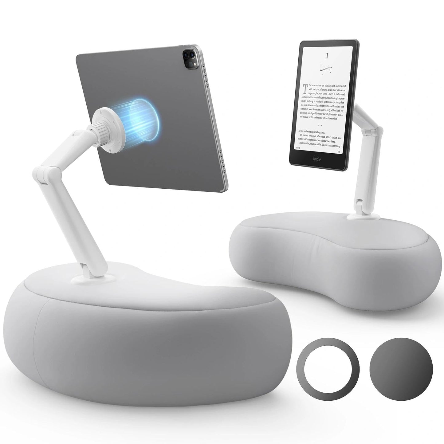 SAIJI Tablet Pillow Stand - Magnetic Kindle Holder Compatible with Kindle, Tablet, iPad, iPhone, 360° iPad Holder for Bed with Ergonomic Pillow and Dual-Jointed Arm, 2 Free Magnetic Sheets (Gray)