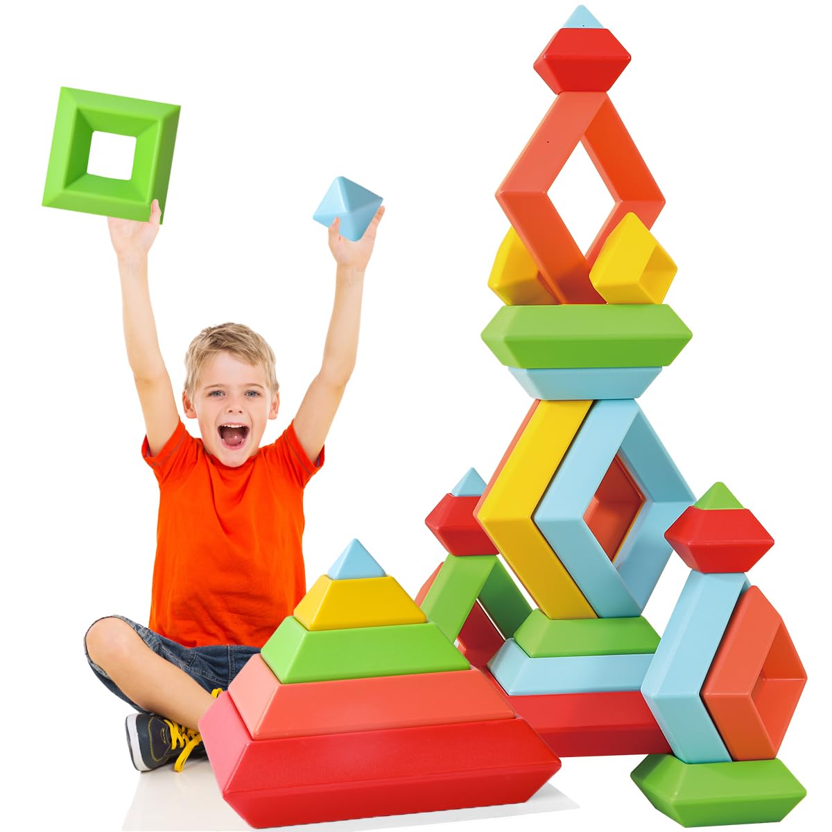 Large Building Blocks Set - 30 Giant Blocks for Stacking - Develops Hand Eye Coordination & Cognitive Skills - Ages 4-8 - Indoor & Outdoor Play