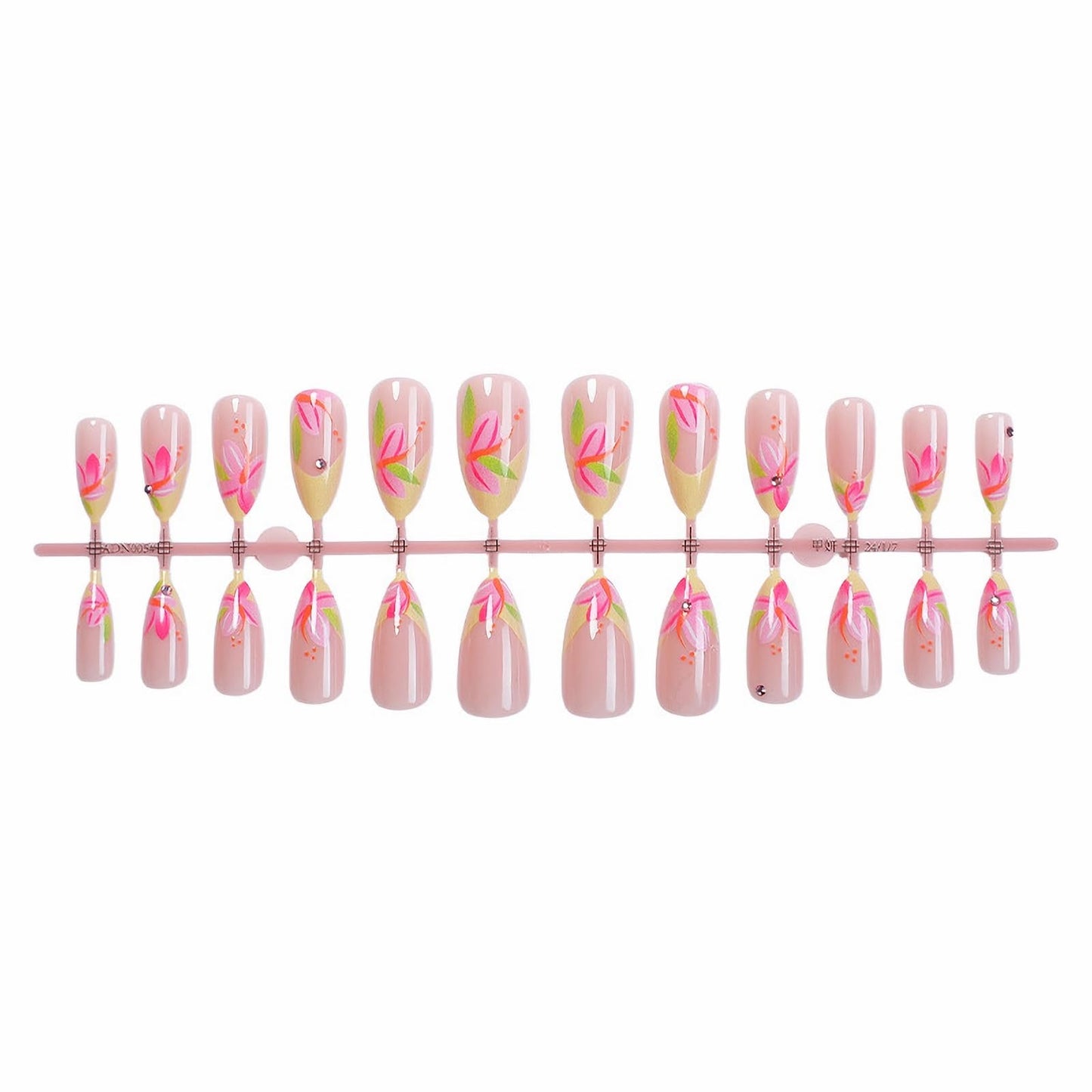 MISUD Press on Nails - Medium Almond Fake Nails with Pink Flower, Acrylic Yellow French Tip Design 24 pcs