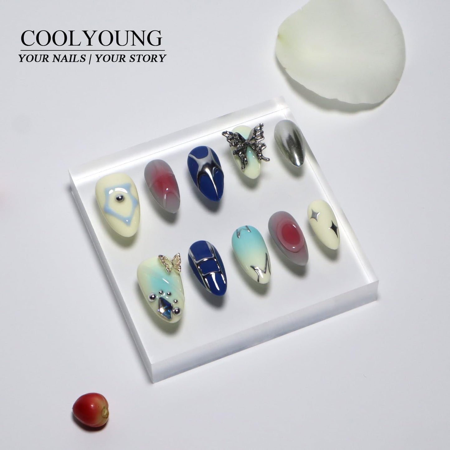 Homemade Press On Nails, Short Almond Press On Nails, Press On Nails Acrylic, Blue Press On Nails, Fake Nails With Designs, Press On Nails 3D, COOLYOUNG Handmade Nails, 10 PCS, Size S