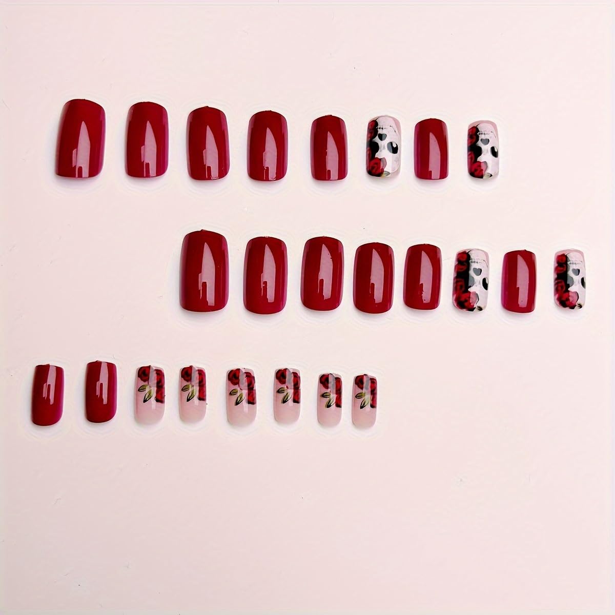 Short Square Press on Nails Halloween Skull Press on Nails Wine Red Flower False Nails Full Cover Glossy Stick on Nails Halloween Reusable Acrylic Nails for Women Girls 24Pcs