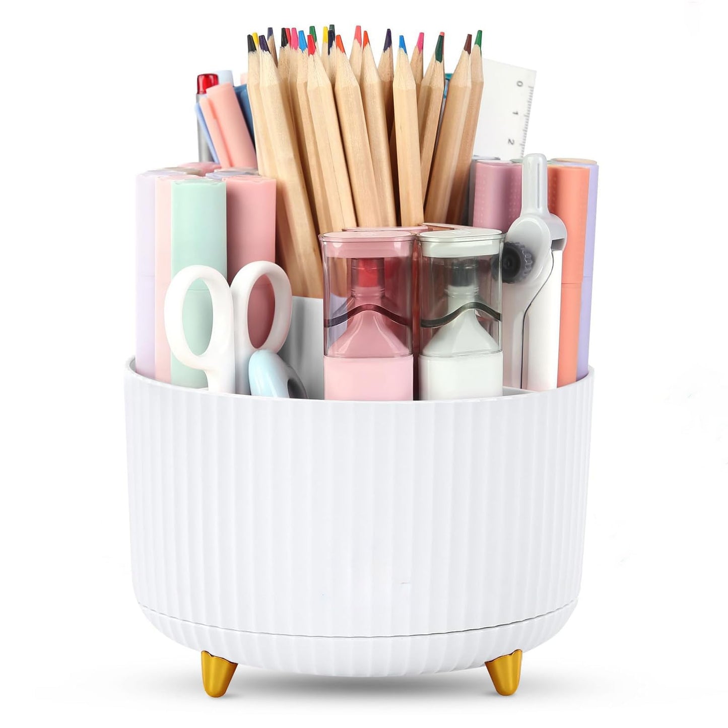 Desk Organizer Pen Holder, 5 Slots 360-Degree Spinning Pencil Organizers, Pencil Cups Desktop Storage Stationery Supplies for Office School Home,White