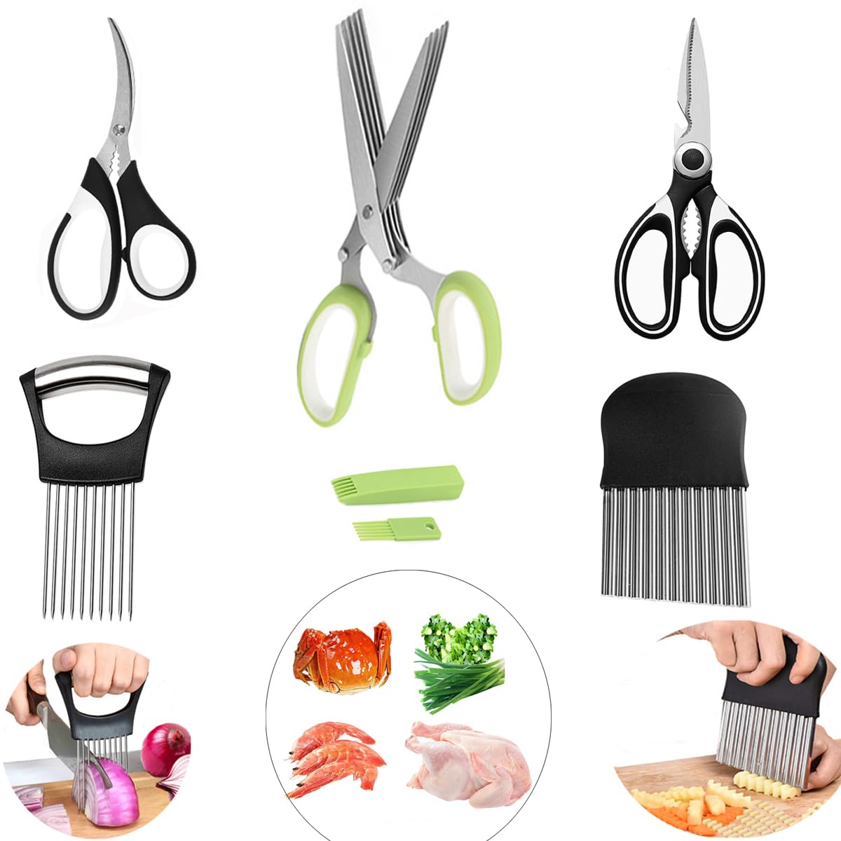 5-Blade Herb Scissors, Kitchen Shears, Seafood Scissors, Onion Holder Slicer and Potato Crinkle Cutter, yamesu Kitchen Gadget Salad Herb Tools 5 Sets
