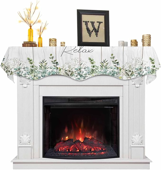 Green Eucalyptus Leaves Fireplace Mantel Scarf Table Runner, Summer Botanical Vintage Wooden Winter Garland Mantel Top Tablerunners Dresser Scarves Decorations for Windows Party Living Room 70''x17''