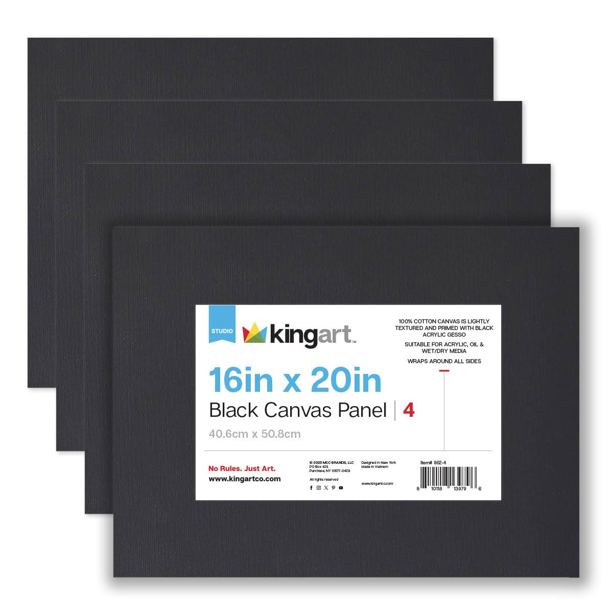 KINGART Studio Black Canvas Panel Set – 16x20 Inch, 4-Pack – 100% Cotton, Black Acrylic Primed Gesso – Lightweight Rigid Artist Boards for Oil, Acrylic, & Mixed Media Painting – Value Pack