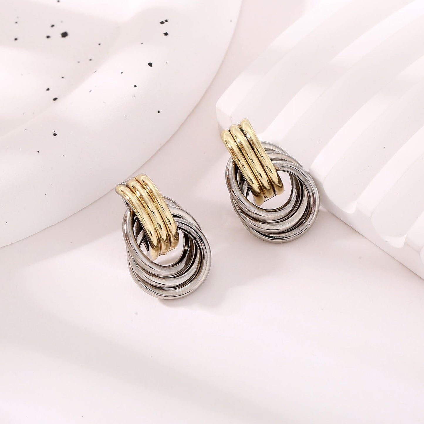 14K Gold Silver Earrings - Mixed Metal Knot Earring for Women, Trendy Two Tone Knotted Drop Statement Earring Jewelry