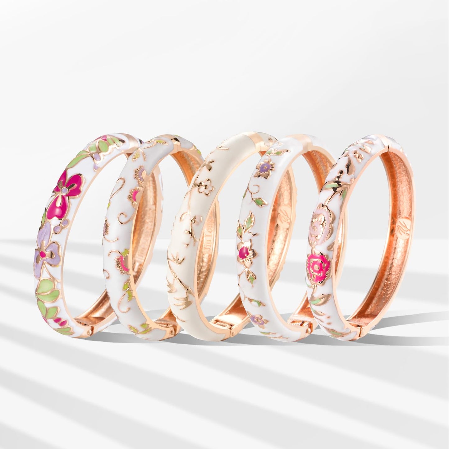 UJOY Bangles 5 Pcs Enamel Jewelry Set Rose Gold Flower Engraved Cloisonne Bracelets Pack in a Box 5PCS white