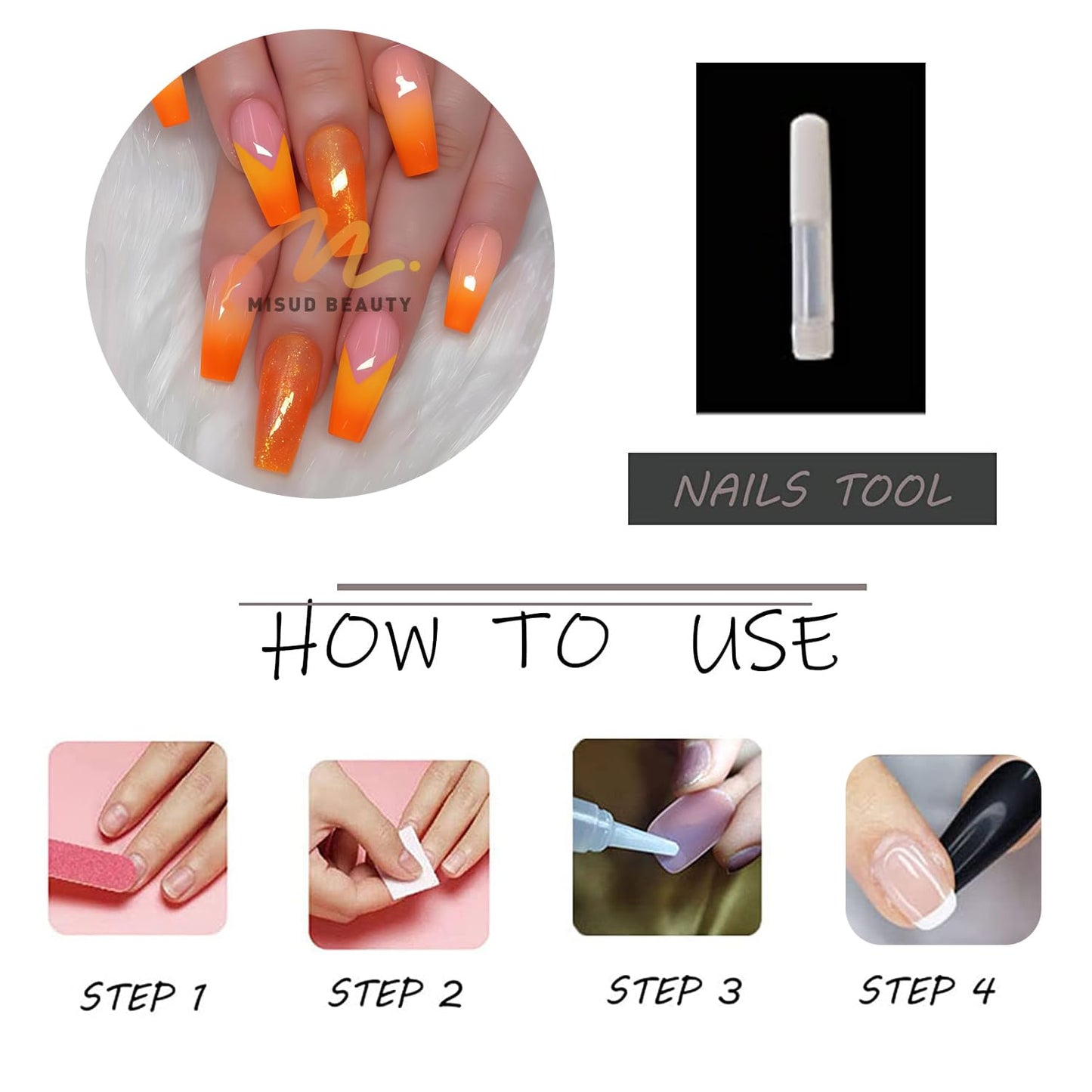 MISUD Press on Nails - Long Coffin Fake Nails with Summer Orange, Acrylic Bling Glitter Design 24 pcs