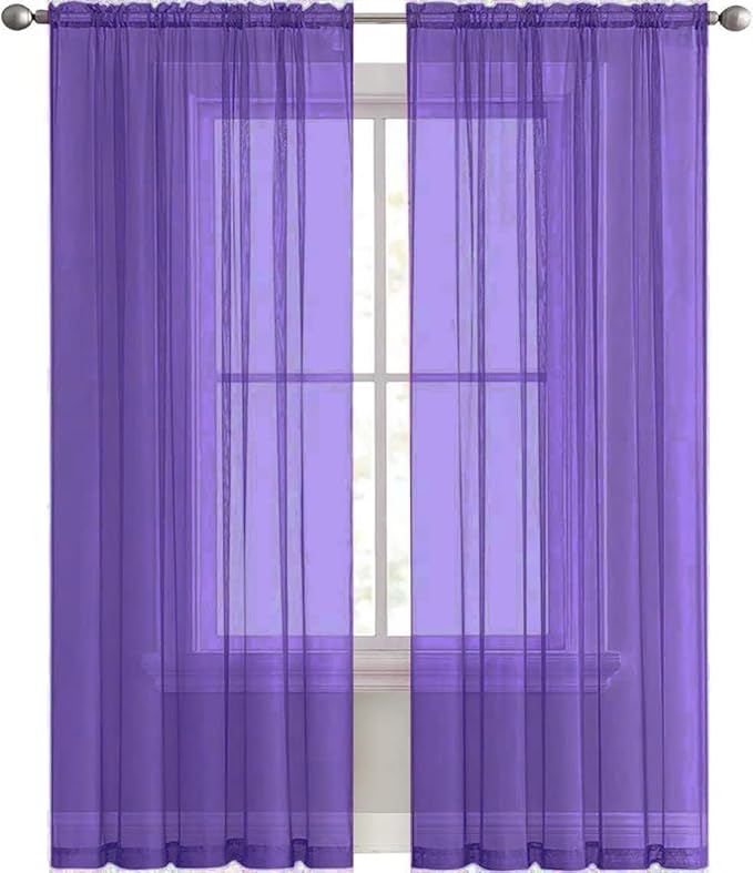 SpaceDresser Sheer Voile Window Treatment Rod Pocket Curtain Panels for Kitchen Bedroom Living Room Drapes Sunlight Filtering Privacy Semi Home Decor Assorted (Purple, 52 W x 108 L)