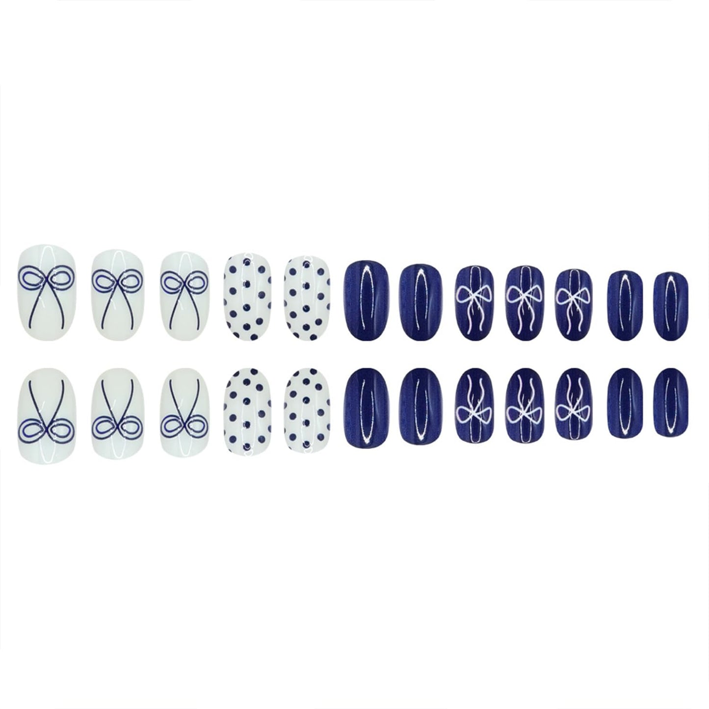 Short Press on Nails Almond Fake Nails with White Bow Designs Polka Dot Nails Press ons Blue Full Cover False Nails Spring Summer Acrylic Nails Glossy Reusable Glue on Nails for Women Daily