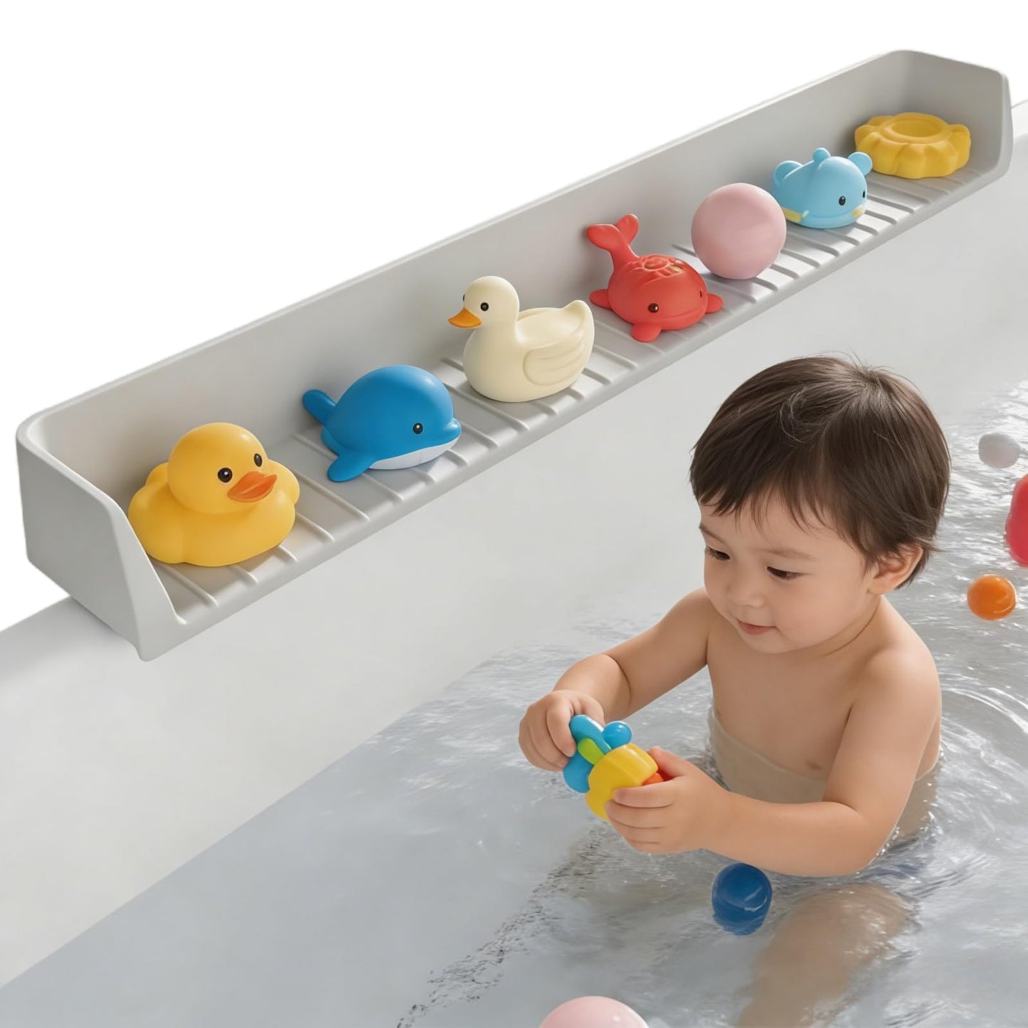Bathtub Splash Guard for Kids – Silicone Bath Tub Splash Guard with Suction Cups, Tub Topper Play Shelf & Toy Holder, Fun Bath Time for Toddlers Baby (Gray)