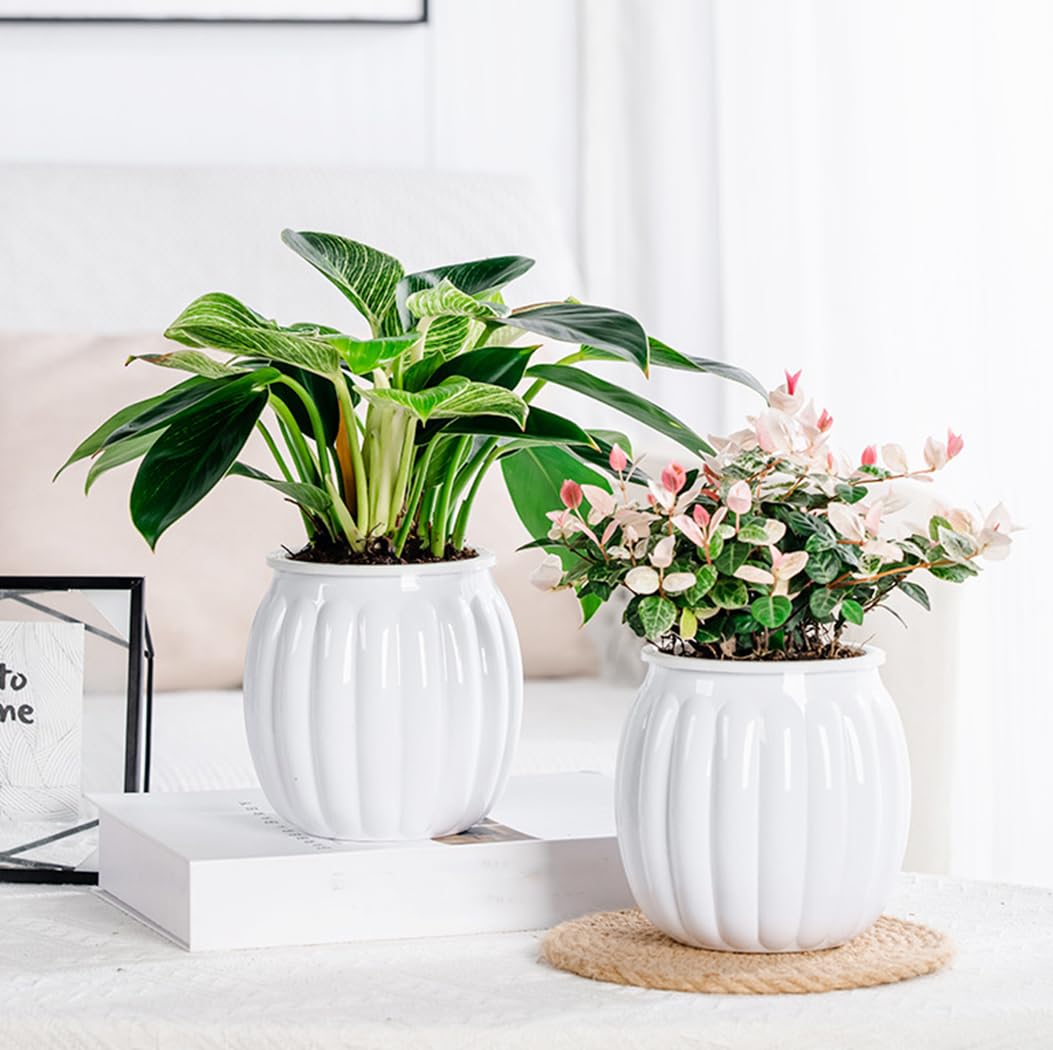 Cornasee 4" Pumpkin Planter Self Watering Pot, 4-Pack Small Plastic Planters for Indoor Plants,Flowers,Succulent,African Violets (White, 4")