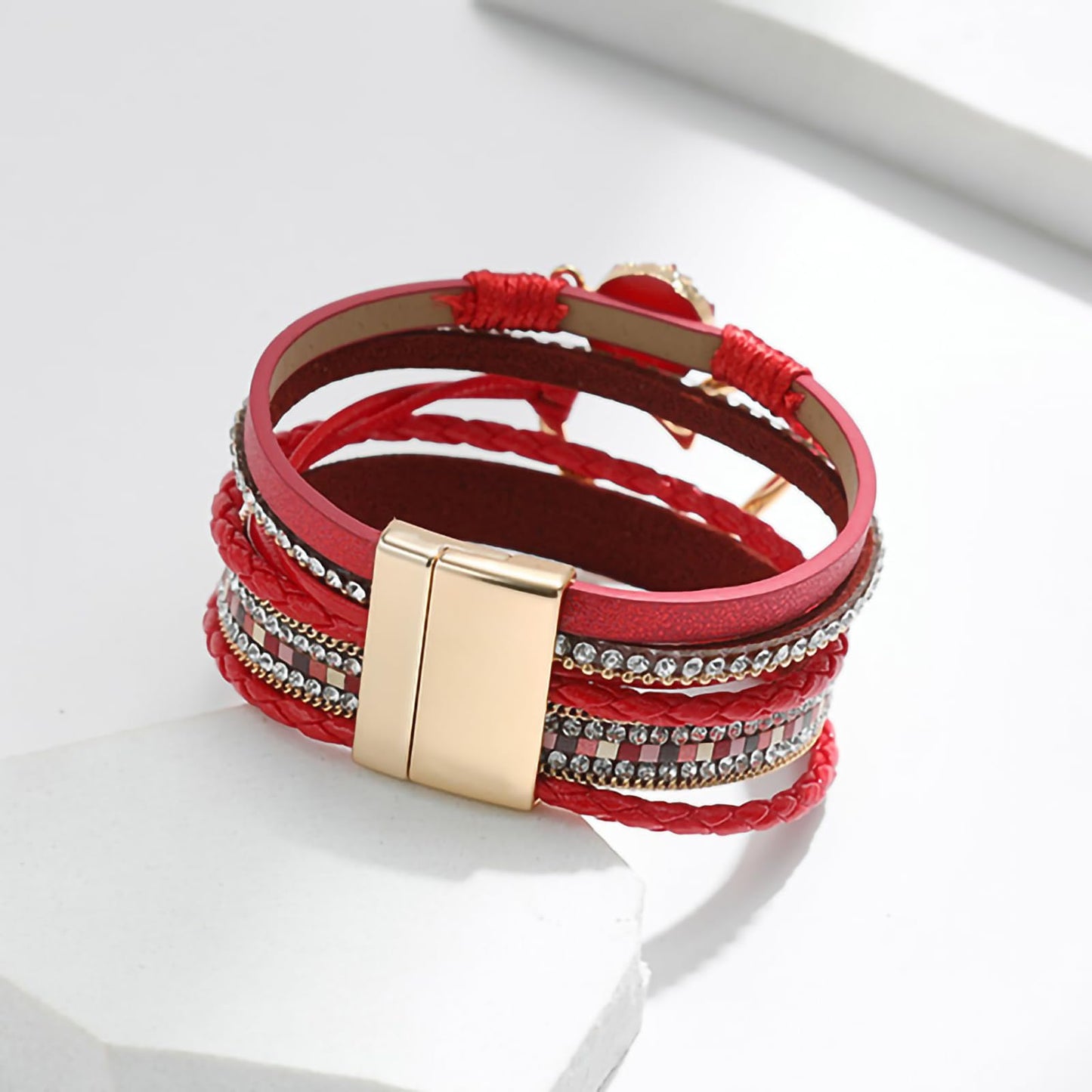 Leopard Bracelet for Women, Boho Leather Wrap Multi-Layer Pearl Crystal Bracelet Bangle Jewelry (Heart Leather(Red))