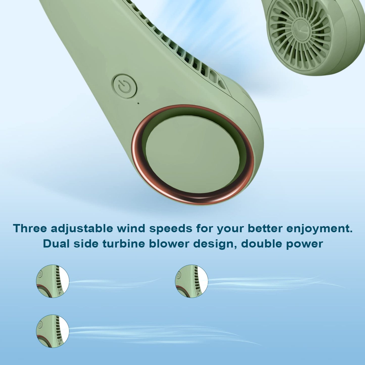 CIVPOWER Neck Fan: Portable Personal Neck Cooling Rechargeable Bladeless Fan - Hands Free 3 Speed 4000 mAh Battery USB Operated Wearable Headphone Design - Gift for Men Women Outdoor (Light Green)