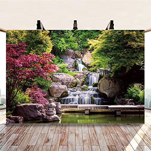 15x10ft Japan Garden Landscape Backdrop Retro Style Park View Photography Background Waterfall Maple Trees Bridge Kyoto Garden Travel Children Adult Portrait Photo Studio Props Wallpaper - size: 15x10ft