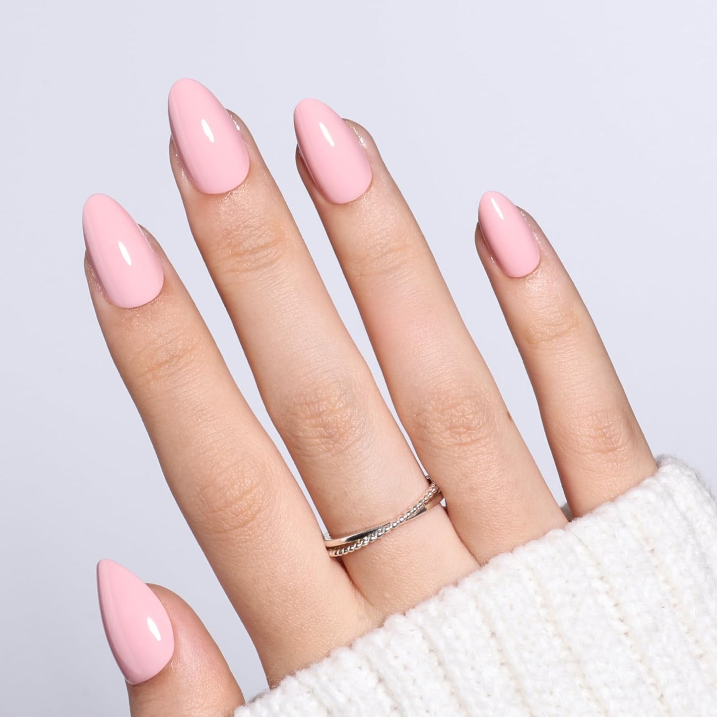 Leefrei Soft Pink Press On Nails Short Almond - Glossy Fake Nails Press ons, Reusable Glue On Nails for Women, 16 Sizes 32 Pieces Nail Kit with Glue, Soft Pink