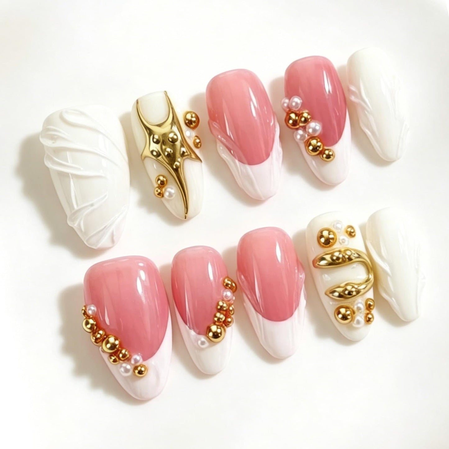 Handmade Press on Nails Medium Almond,French Tip Metal Pearl Bead Luxury Date Style for Women 10 Pcs(Size M)