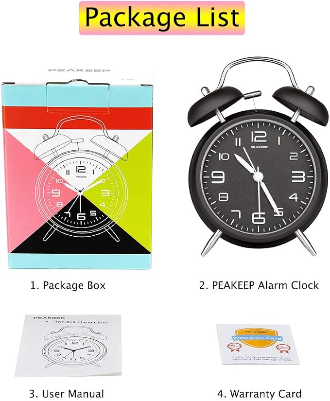 Peakeep 4 Inches Twin Bell Loud Alarm Clock for Heavy Sleepers | Backlight, Battery Operated Old Fashioned Alarm Clock for Bedrooms Kids' Room (3D-Dial, Black)