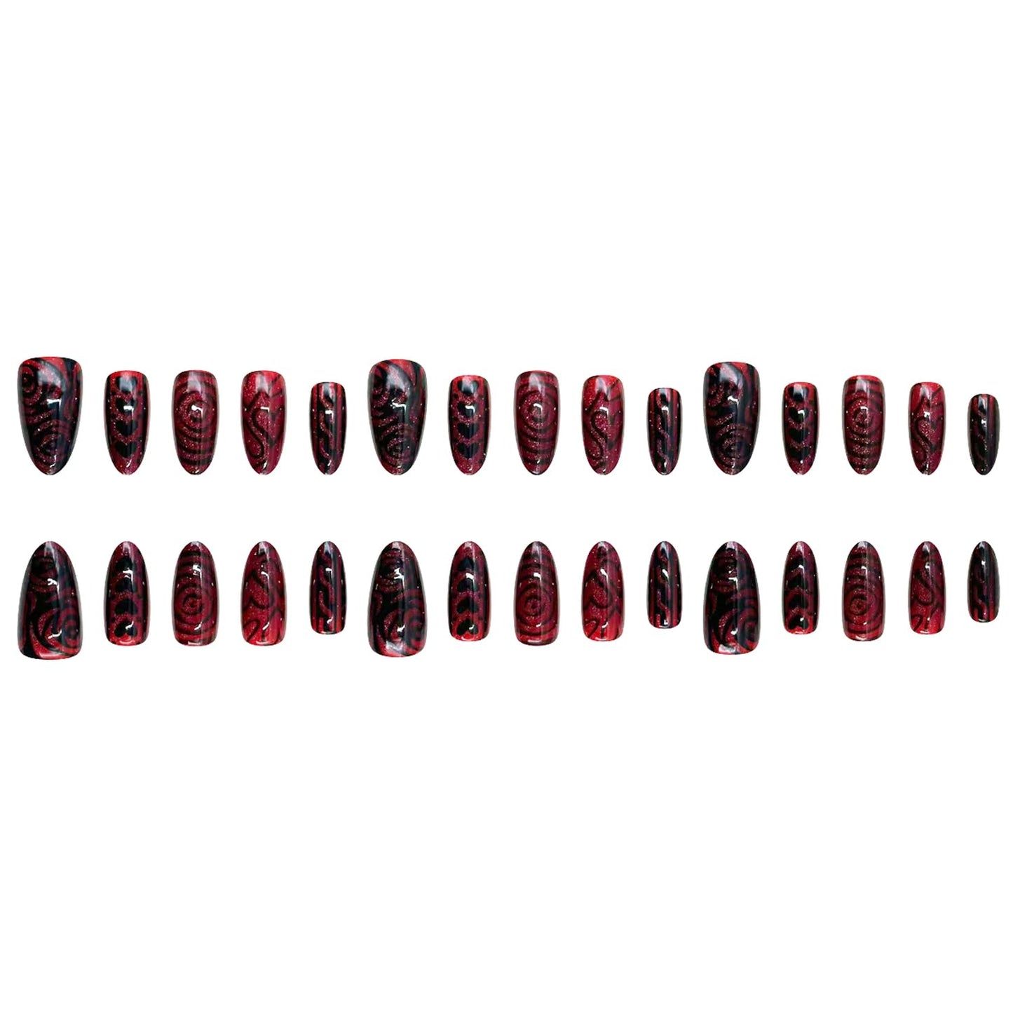 30Pcs Valentines Red Press on Nails Medium Almond Fake Nails Black Rose Flower Heart Designs Stripe False Nails Red Glitter Full Cover Glossy Festive Gel Acrylic Glue on Nails for Women Manicure Decor