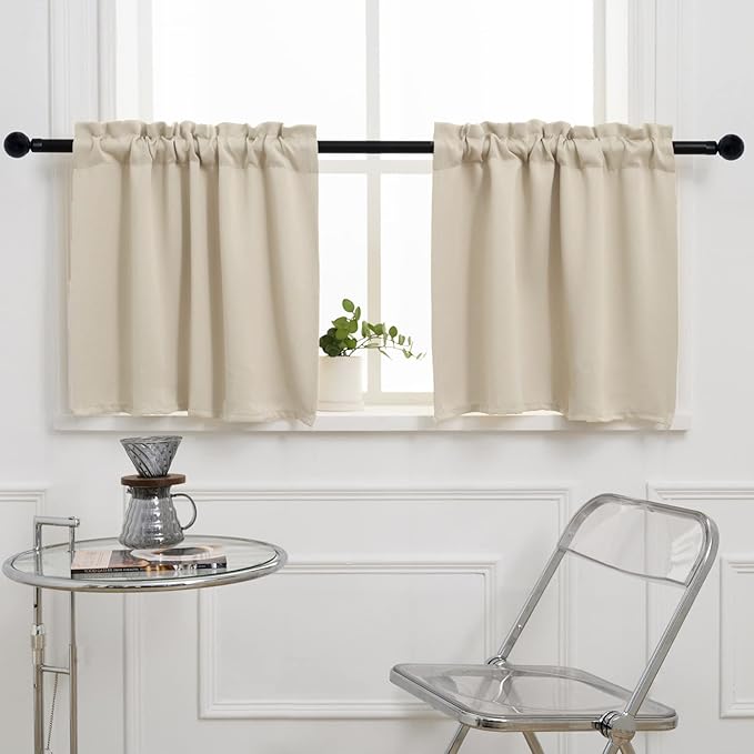 Pickluc Blackout Kitchen Curtain 24 Inches Long, Rod Pocket Cafe Tier Curtains for Small Window Treatment in Living Room, Basement, RVs, Cabinets, 2 Panels, W24 X L24 Inch, Ivory