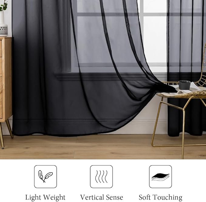 MIULEE 2 Panels Solid Color Sheer Window Curtains Elegant Halloween Window Voile Panels/Drapes/Treatment for Bedroom Living Room (54X90 Inches Black)