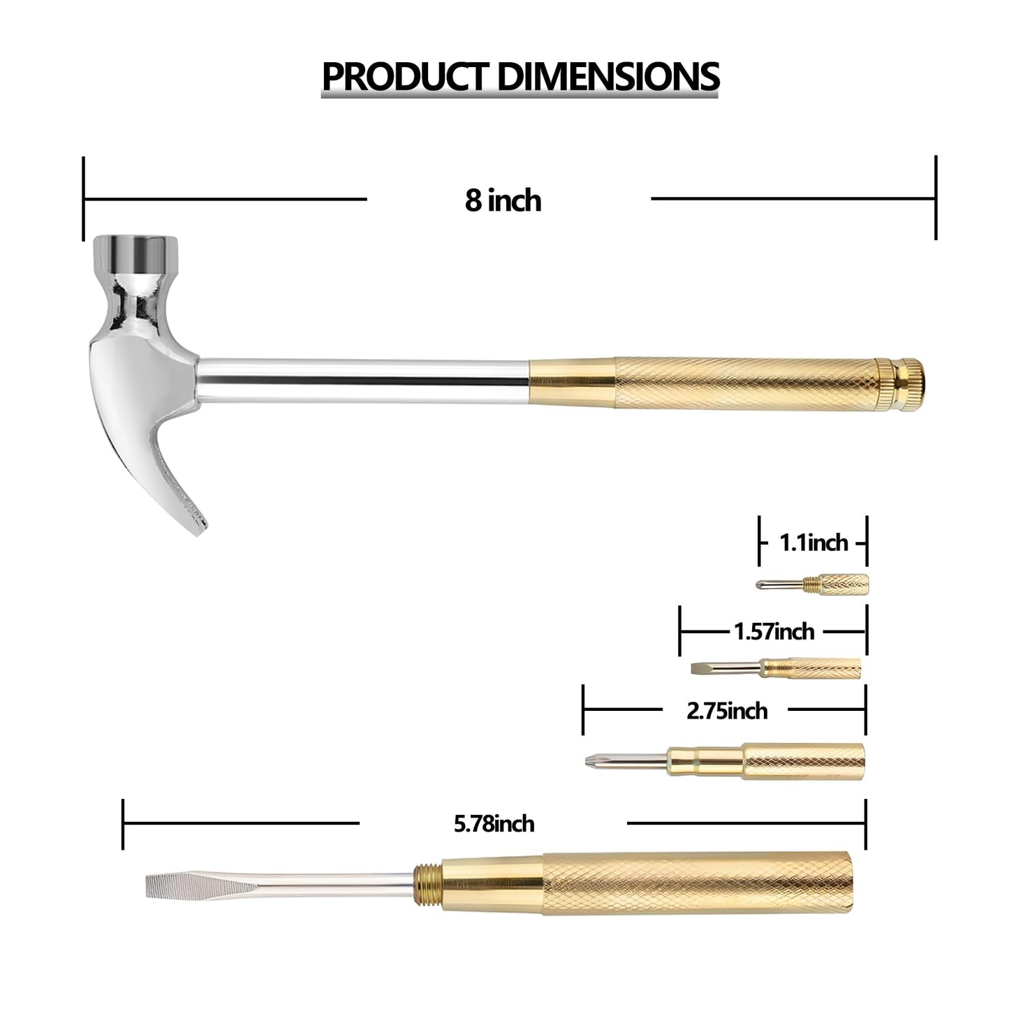 LANDIBO 6-in-1 Multi-Tool Camping Hammer Set with Slotted/Flat Head Phillips Screwdriver for Mechanical Maintenance, Interior Decoration, Outdoor Adventures, Best Gift (Silvery-yellow)