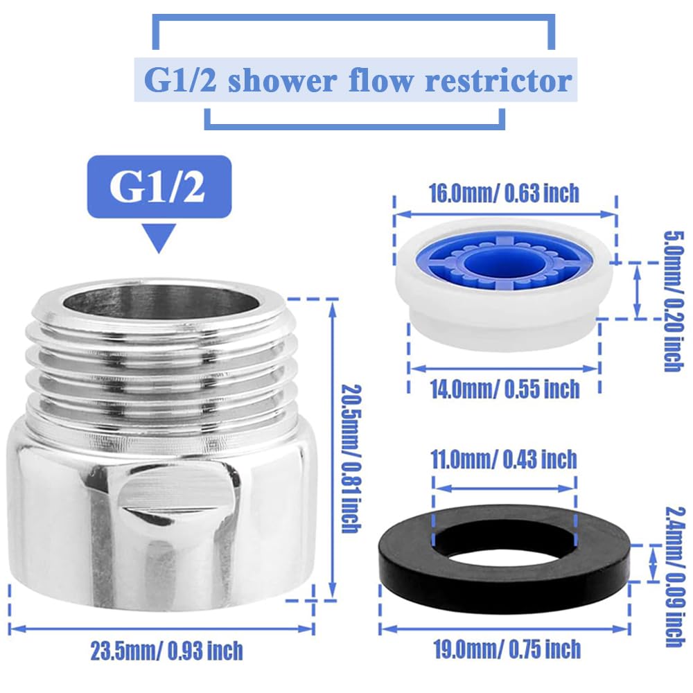 Eyech 2-Pack Shower Flow Reducer Limiter Set Water Flow Saver Adapter, 1/2 Inch Flow Restrictor Control Valve for Fixed Shower Head Handheld Shower 1.2/1.5/1.8/2.0/2.2/2.5/3.0 GPM
