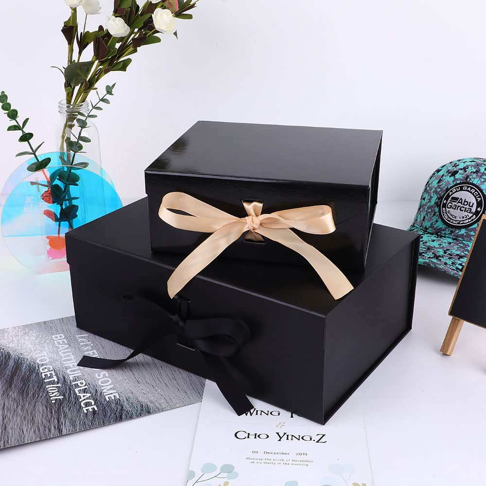 GoooodGift Extra Large Black Gift Box 16x14x5.3 Inches, Big Gift Box with Lid Magnetic Closure, Groomsman Proposal Box, Rectangle Collapsible Gift Boxes for Clothes (Glossy Black)