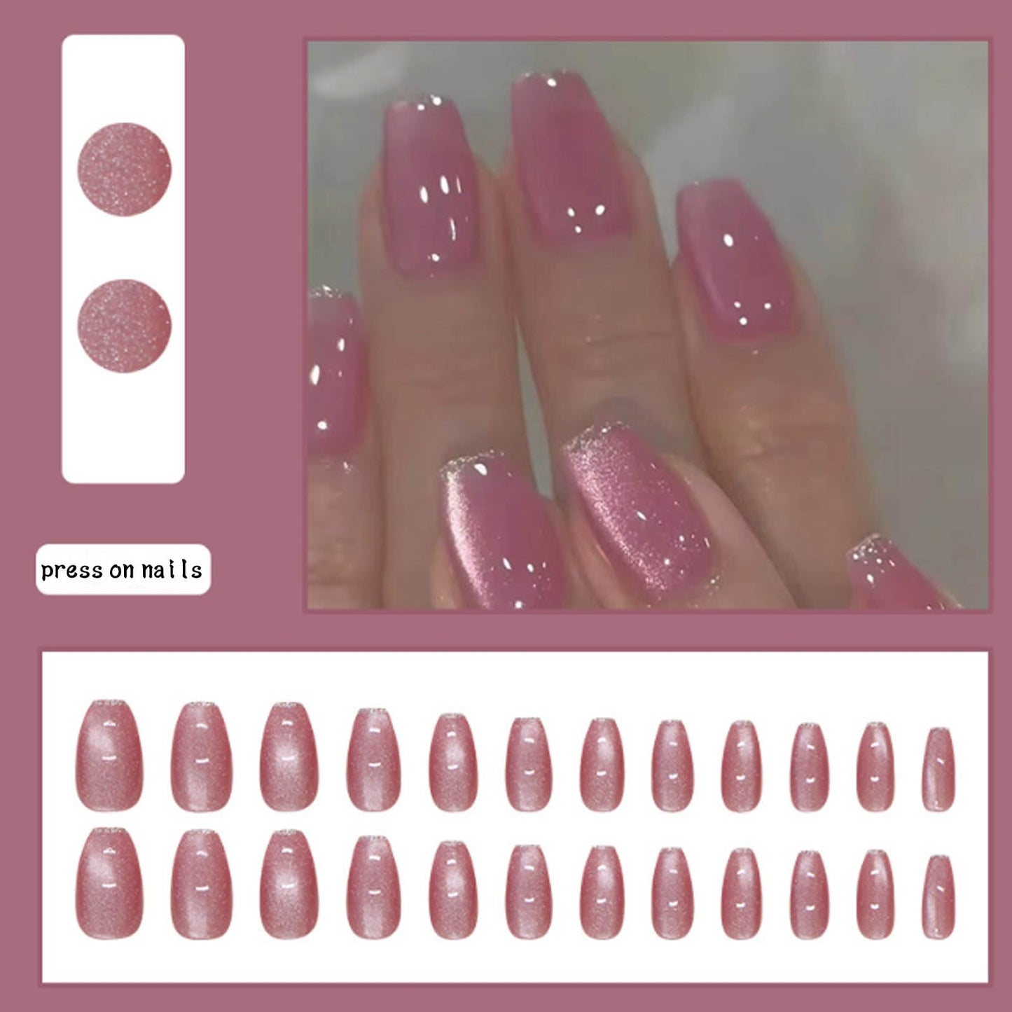 Hkanlre Coffin Press on Nails Pink Fake Nails Tips Full Cover Almond False Medium Cat Eyes Nails for Women 24PCS
