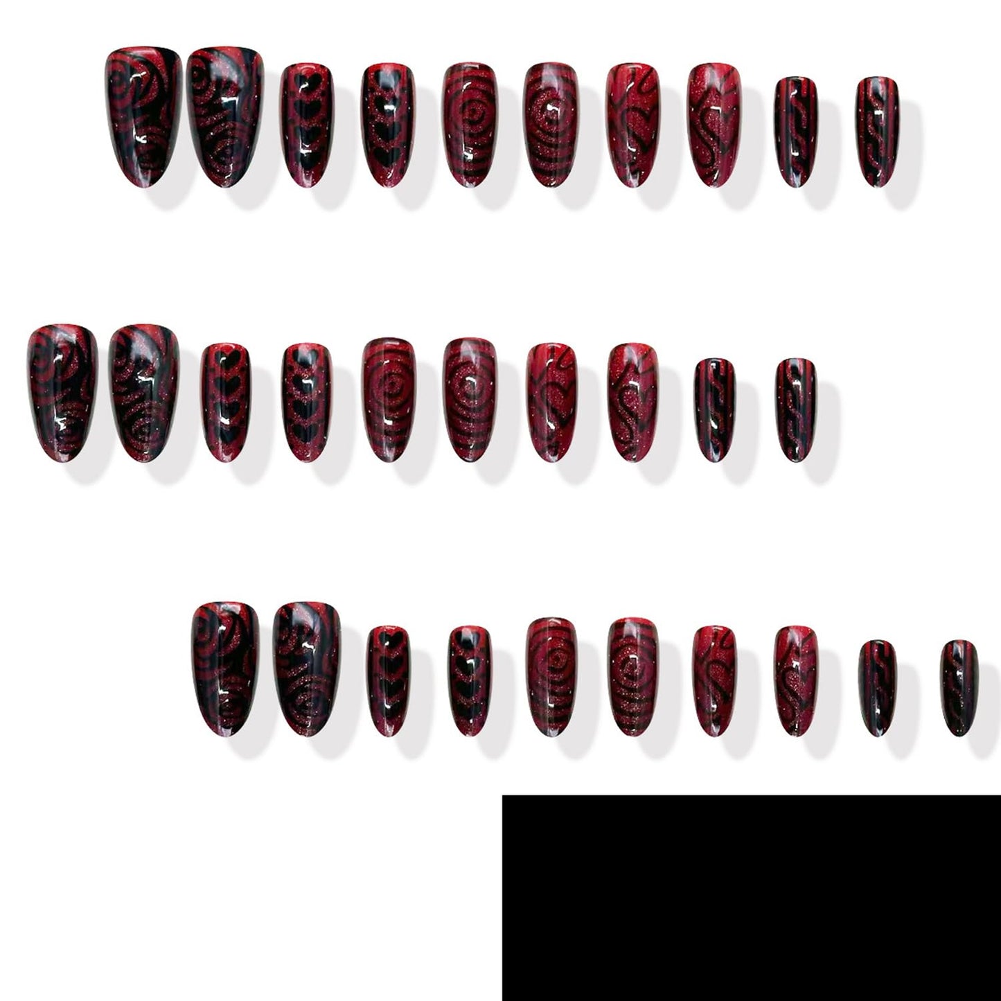 30Pcs Valentines Red Press on Nails Medium Almond Fake Nails Black Rose Flower Heart Designs Stripe False Nails Red Glitter Full Cover Glossy Festive Gel Acrylic Glue on Nails for Women Manicure Decor