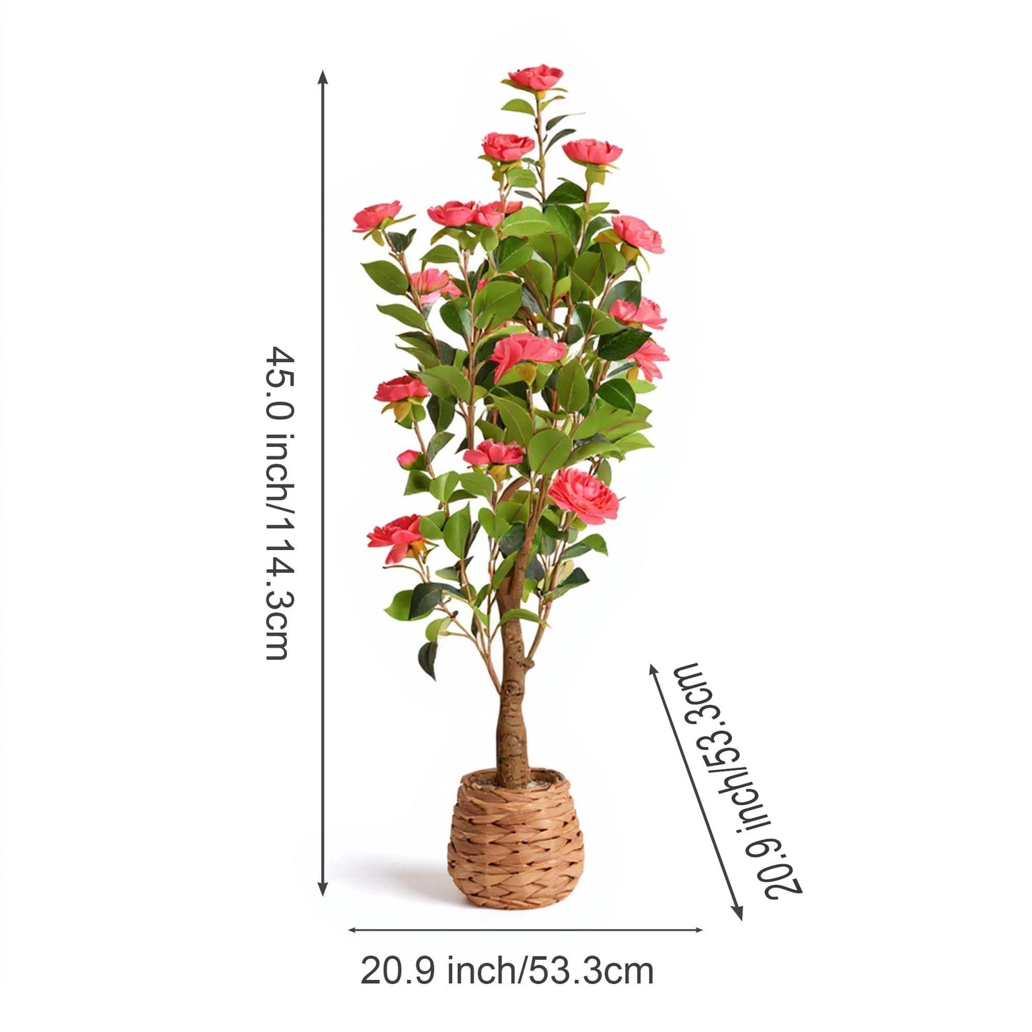 CZWBE 45" H Artificial Camellia Tree 2 Pack - Woven Planter with 28 Flowers,Faux Plant for Office Decor & Indoor Outdoor Home Wedding Decor（red）