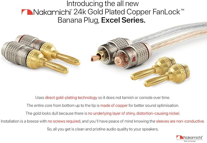 Nakamichi FanLock Excel Series 24k Gold Plated Banana Plugs 10 AWG - 18 AWG Gauge Size 4mm for Speakers Amplifier Hi-Fi Stereo Home Theatre Radio Audio Wire Cable Quick Connector, 36 Pcs (18-Pairs)