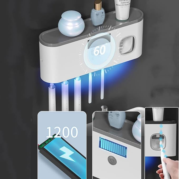 Toothbrush Holders for Bathrooms, Toothbrush Holder Wall Mounted with Toothpaste Dispenser Bathroom Solar Charging and No Drilling Required Tooth Brush Holder with 5 Brush Slots（Gray）