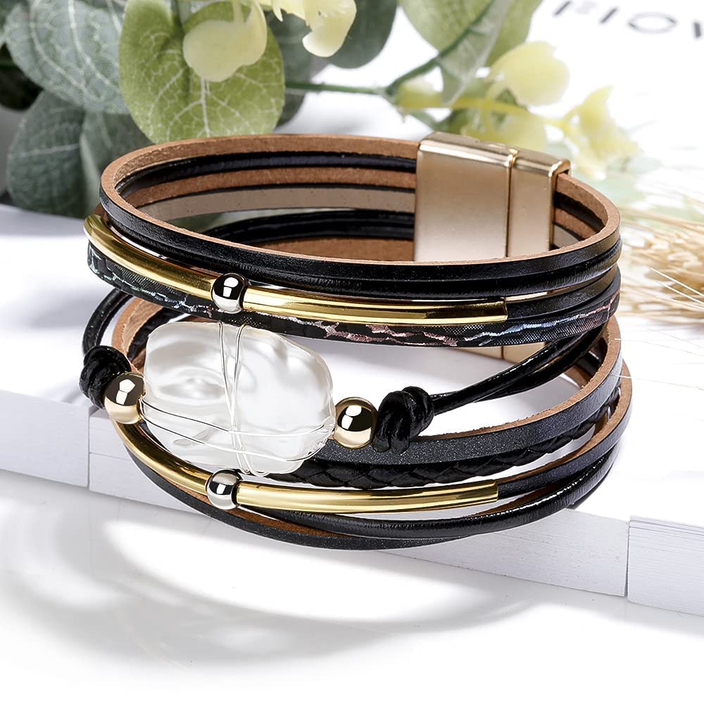 Fesciory Leopard Bracelet for Women, Boho Leather Wrap Multi-Layer Pearl Crystal Bracelet Bangle Jewelry(Black Leather(Pearl))
