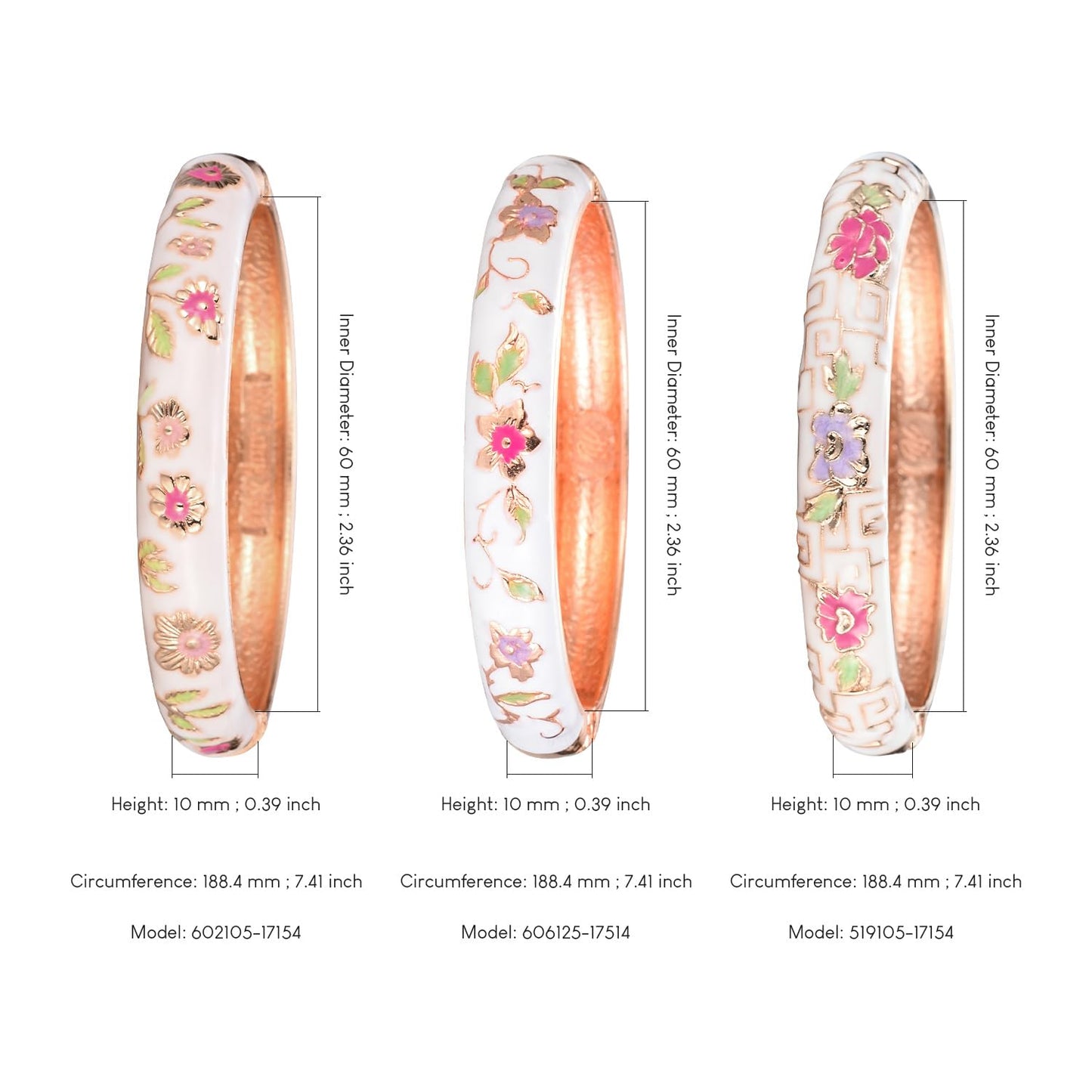 UJOY Womens Multi-Colors Cloisonne Bracelet Gold Plated Flower Enameled Hinged Cuff Bangles Jewelry Gift 55A-3PCS White