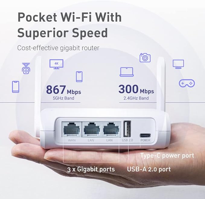 GL.iNet GL-SFT1200 (Opal) Portable WiFi Travel Router, Mini VPN Wireless Router for Fiber Optic Modem, Mobile Internet WiFi Repeater, Dual Band Openwrt Computer Routers, Home/Business/RV/Cruise