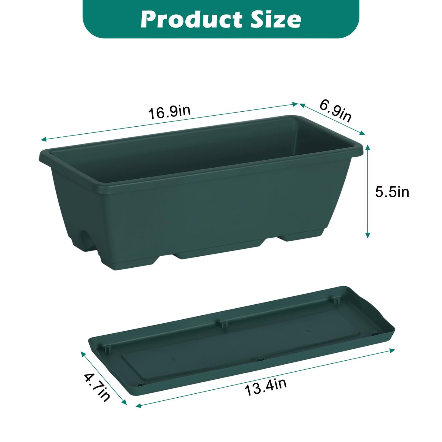 CADUKE 4 Pack Railing Planter Box 16.9 Inches Window Flower Boxes with Metal Brackets Balcony Planters Railing Hanging Fence Planter Plastic Outdoor Deck Railing Planter Boxes, Green