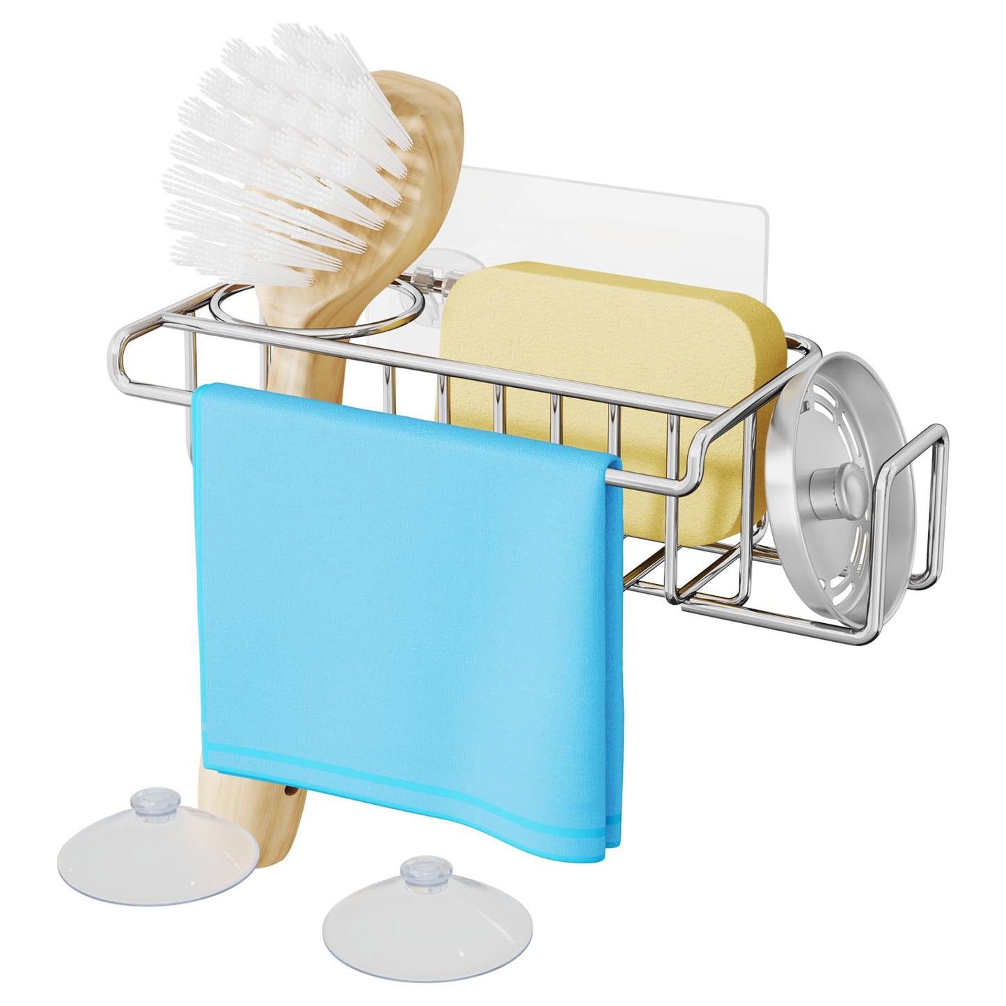HapiRm 4 in 1 Sink Caddy Sponge Holder, SUS304 Stainless Steel Kitchen Brush Holder and Dish Cloth Hanger, Kitchen Organizers and Storage Essentials - Silver