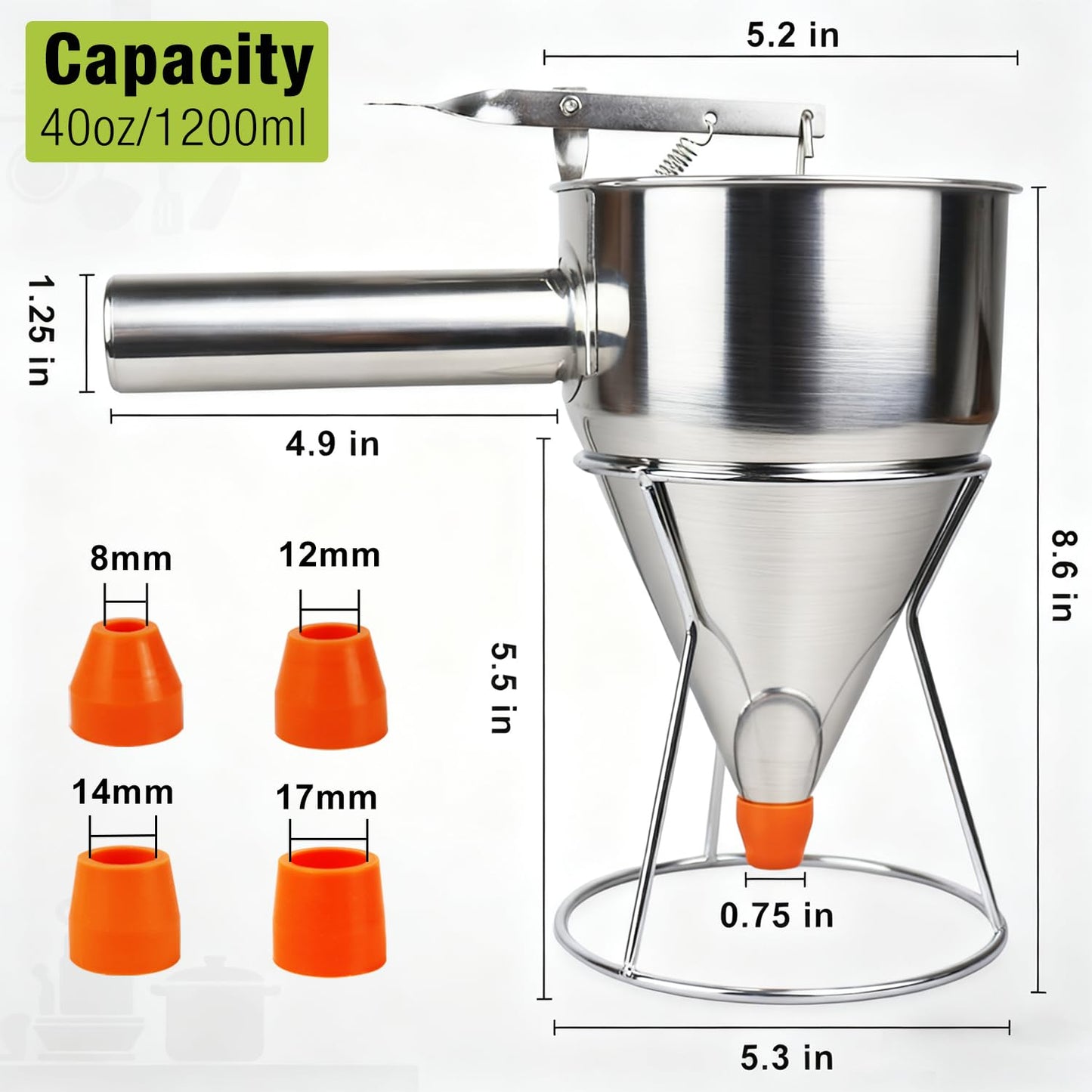 Pancake Batter Dispenser, Large 40oz/1200ml Multi-Caliber Stainless Steel Funnel Cake Dispenser with Stand for Commercial and Home Use