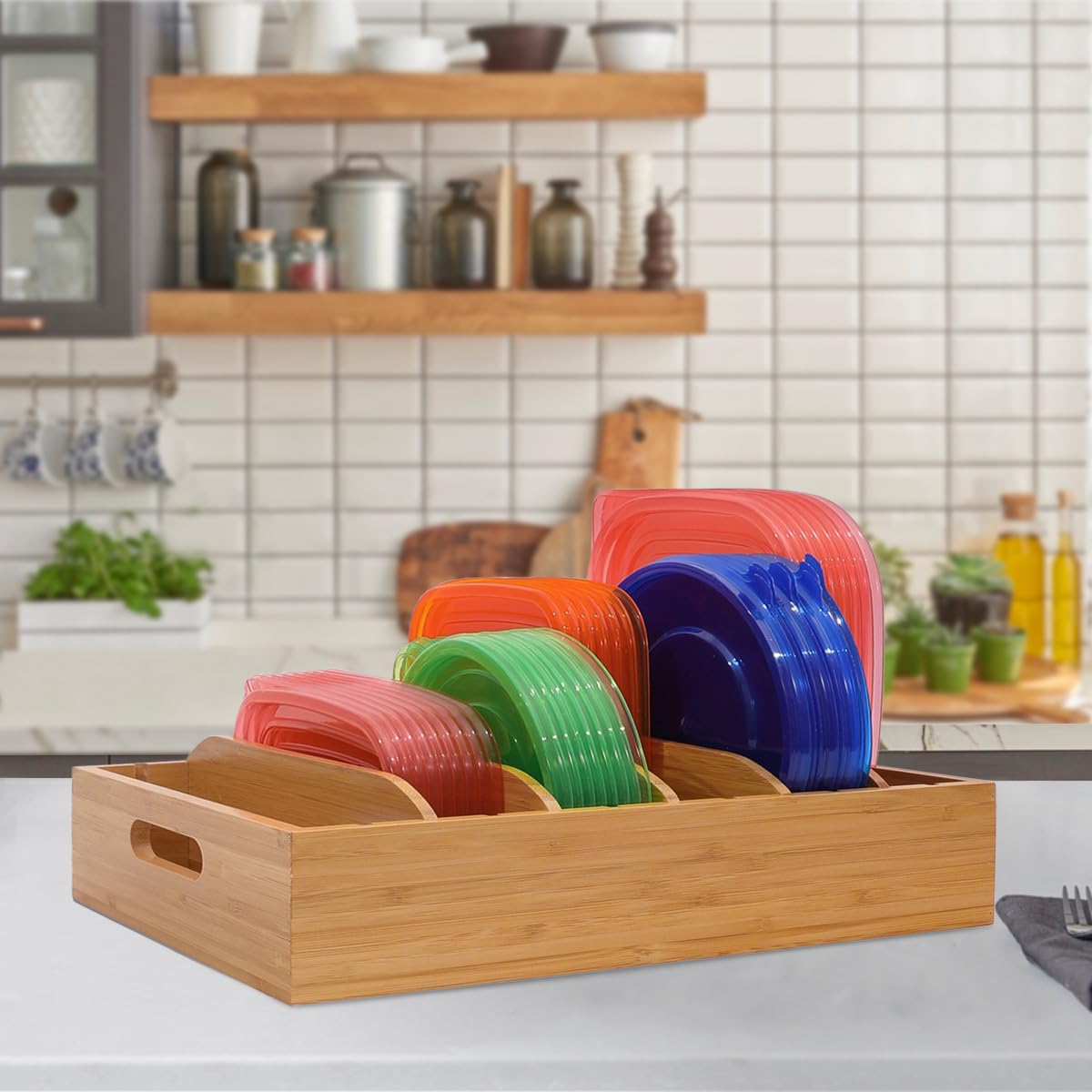 XiaoyuziTF Bamboo Lid Holder Food Container, Kitchen Organizer with 5 Adjustable Dividers, Cabinet Organizer for Food, Kitchen Gadget, Container Lids (2pcs)