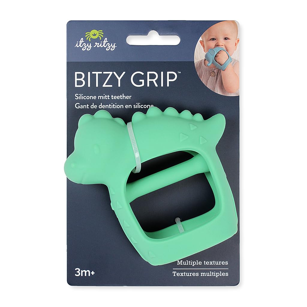Itzy Ritzy Bitzy Grip Hand Teether - Silicone Teether for Babies - Developmental Teething Toy with Easy-to-Hold Hand Grip, Designed for Babies 3 Months & Up (Dinosaur)