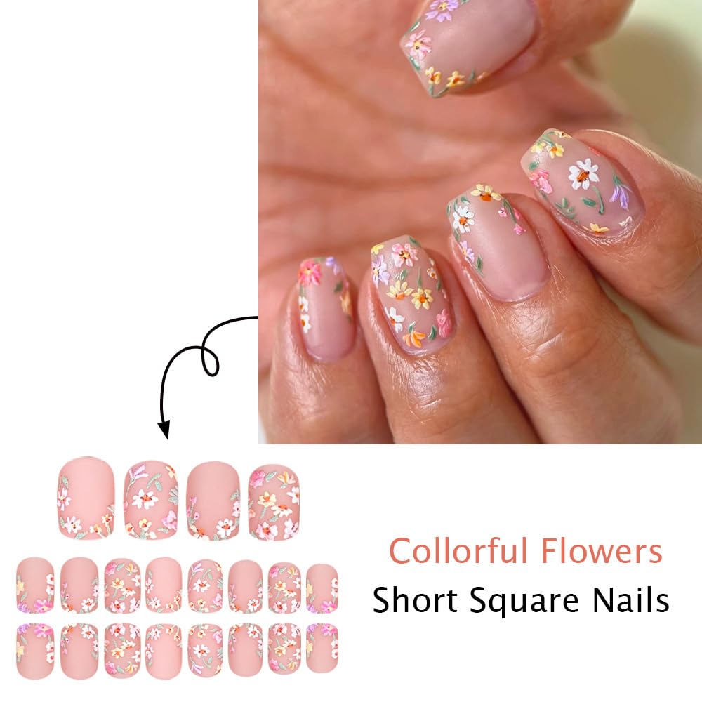 Short Press on Nails Daisy Flower Fake Nail Matter Glue on Nails Square Floral False Nail Spring Full Cover Stick on Nails Artificial Reusable Acrylic Nail for Women 24Pcs