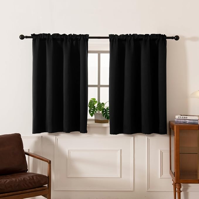 Pickluc Cafe Kitchen Curtains 36 Inches Long 2 Panels, Blackout Tier Curtains with Rod Pocket, Short Black Out Curtain for Small Window, 42" Wide and 36" Length, Set of Two, Black