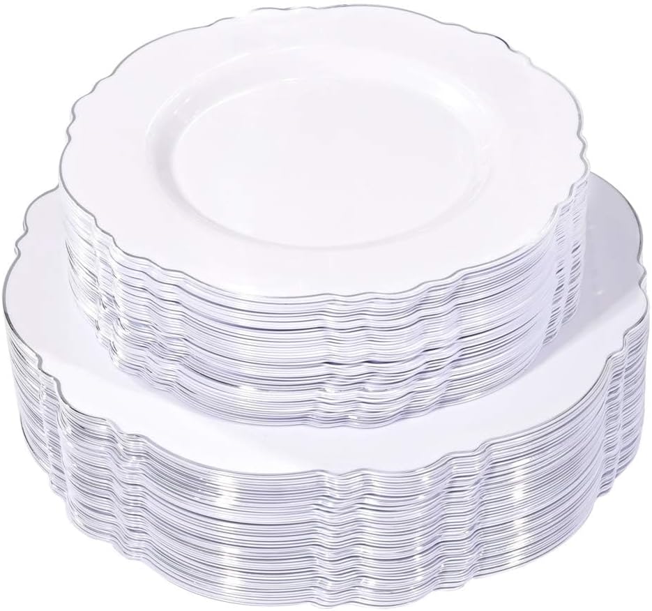 WDF 100pcs Silver Plastic Plates - High-end Baroque Design - Heavy Duty White &Silver Plates for Christmas Upscale Parties &Wedding