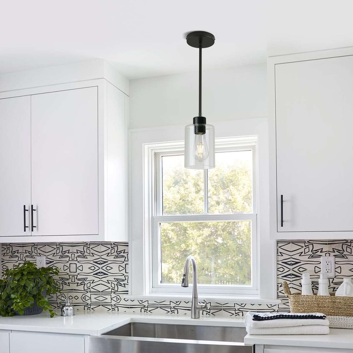 Black Pendant Lights Kitchen Island,Modern Farmhouse Glass Pendant Light,Light Fixture Kitchen Pendant Mini Hanging Light Fixture for Sink (Black 2 Pack Stem Rod)