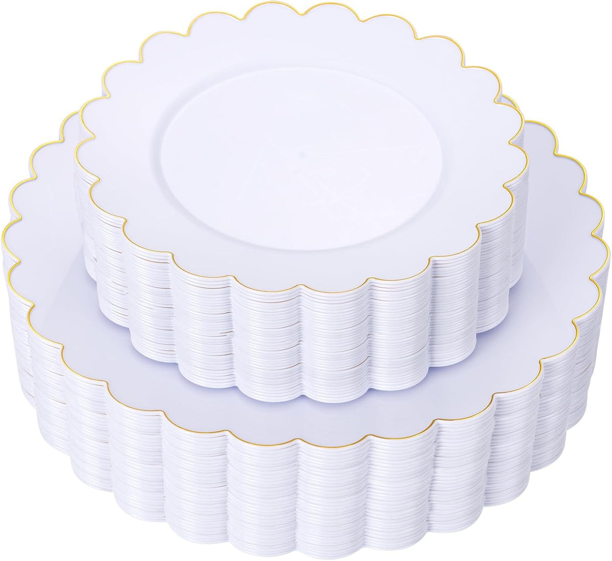 LIYH 60 Pcs White Scalloped Plastic Plates with Gold Rimmed - Gold Disposable Plastic Combo Plates Heavyduty Includes 30 Dessert Plate and 30 Dinner Plate Dishes Tableware for Birthday Party Wedding