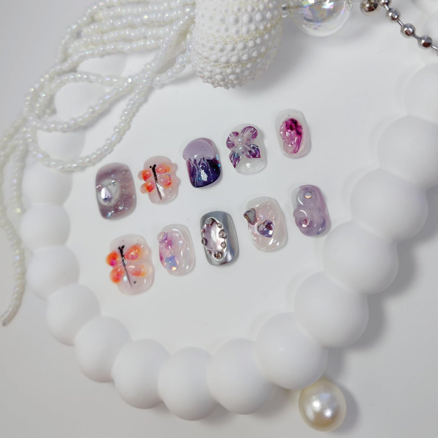 Extra Short Press on Nails Squoval False Nails Handmade with 3D Designs/Charms, Cute Reusable Fake Stick on Tips (Dragonfly#Small)