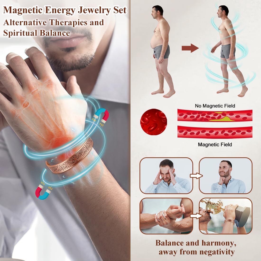 Cigmag 9X Copper Bracelet for Men Copper Magnetic Bracelet Strength Magnets Tree of Life Pattern Adjustable Solid Pure Cuff Bangle