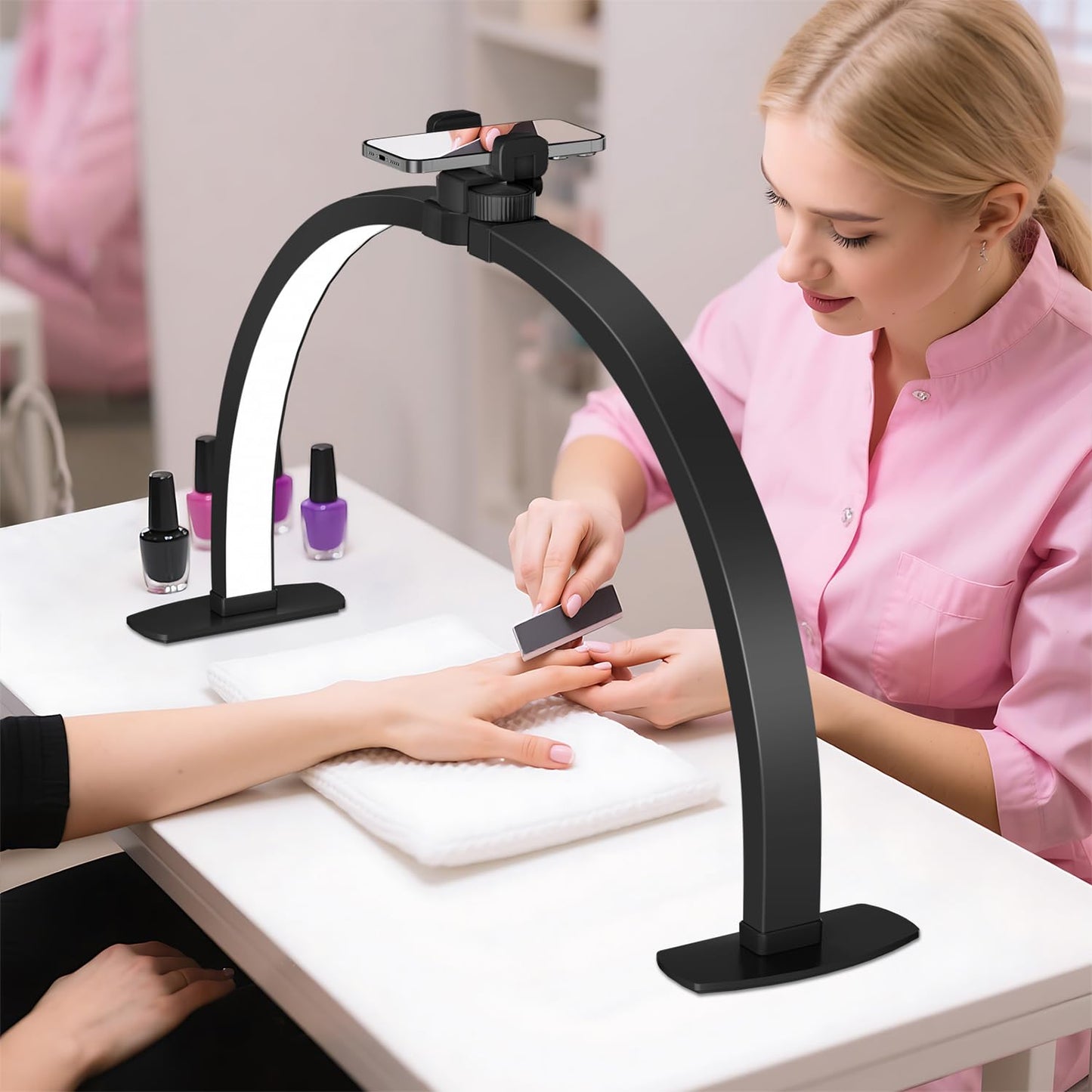 iVict Half Moon Light for Nail Desk, 29In 40W Nails Tech Light with Phone Stand, 10 Adjustable Brightness, 3 Color Temperature Led Desk lamp for Nail, Tattoos, Eyebrows, Beauty(Black)