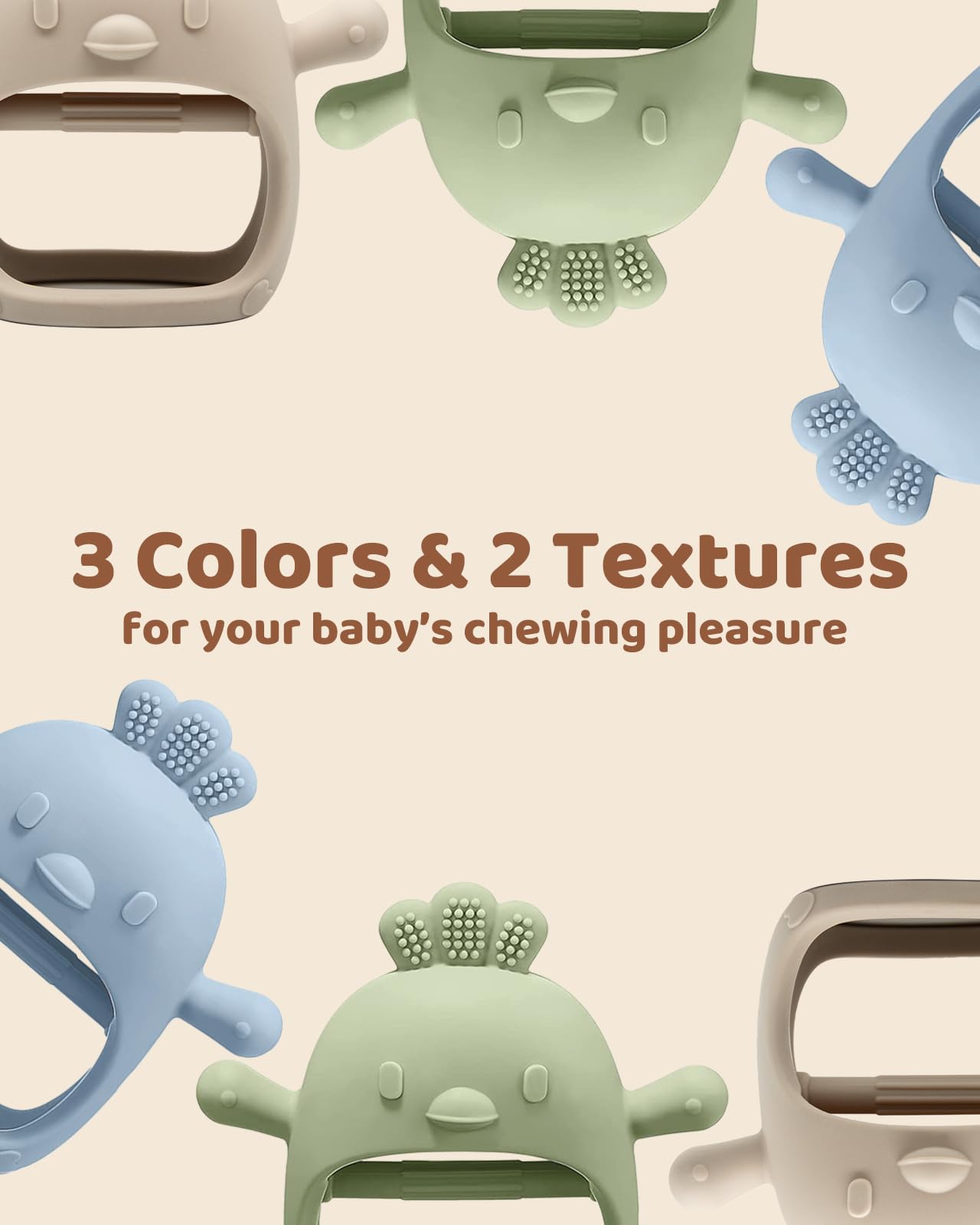 3 Pack Baby Teething Toy Silicone Teething Mitten for Babies Over 3 Months Anti Dropping Wrist Hand Teethers Baby Chew Toys for Sucking Needs, BPA Free (Olive, Caramel & Blue)